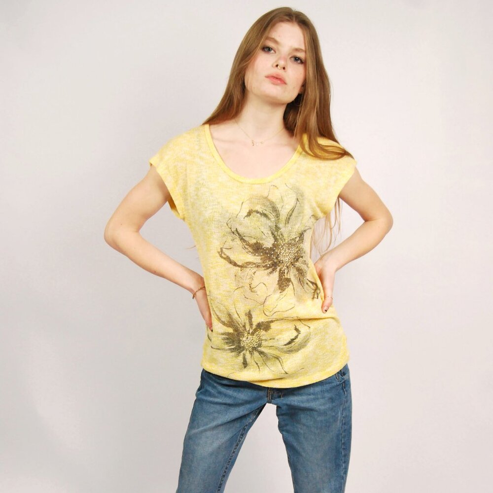 Y2K Knit Blouse (M) medium yellow vintage top short sleeve womens chic diva prep